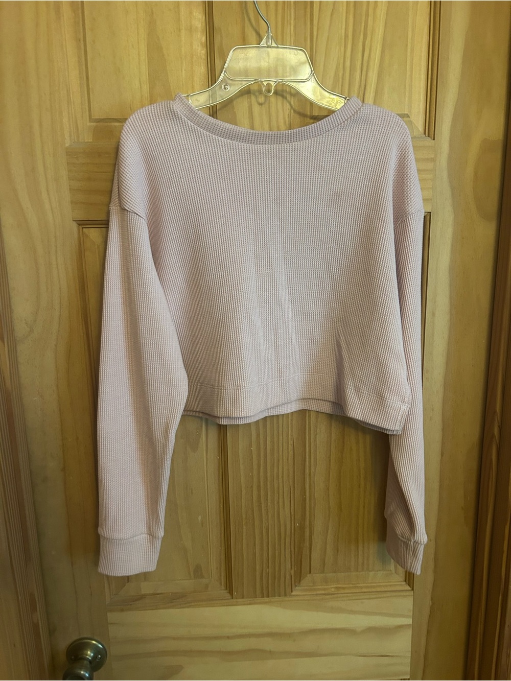 SHEIN Cropped Waffle-Knit Crewneck Sweater in Light Pink